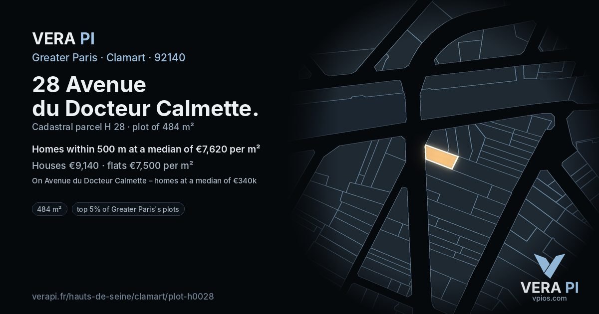28 Avenue du Docteur Calmette, Clamart at night – the plot lit, the parcels around coloured by the prices near them