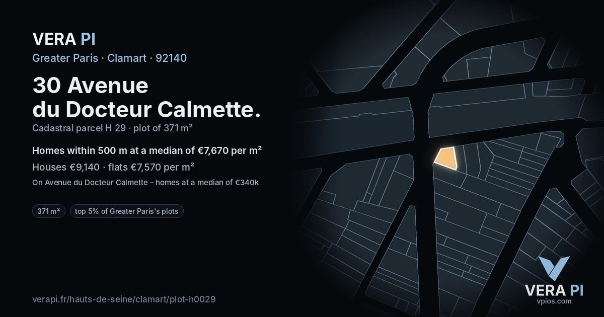 30 Avenue du Docteur Calmette, Clamart at night – the plot lit, the parcels around coloured by the prices near them