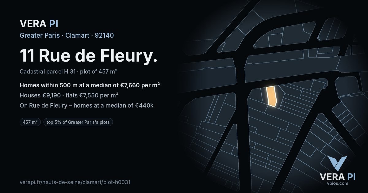 11 Rue de Fleury, Clamart at night – the plot lit, the parcels around coloured by the prices near them