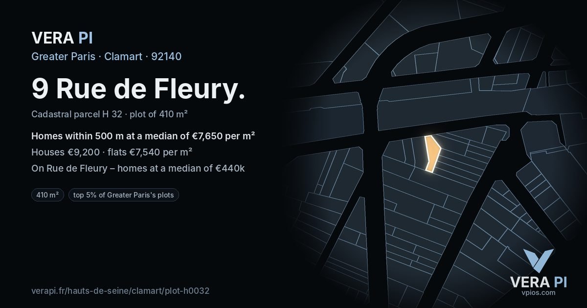9 Rue de Fleury, Clamart at night – the plot lit, the parcels around coloured by the prices near them