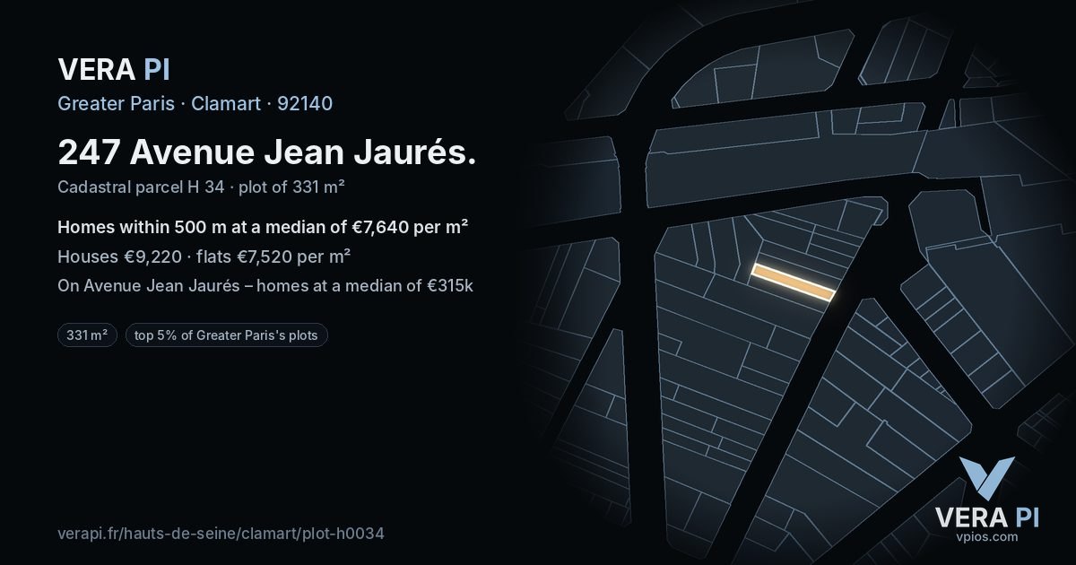 247 Avenue Jean Jaurés, Clamart at night – the plot lit, the parcels around coloured by the prices near them