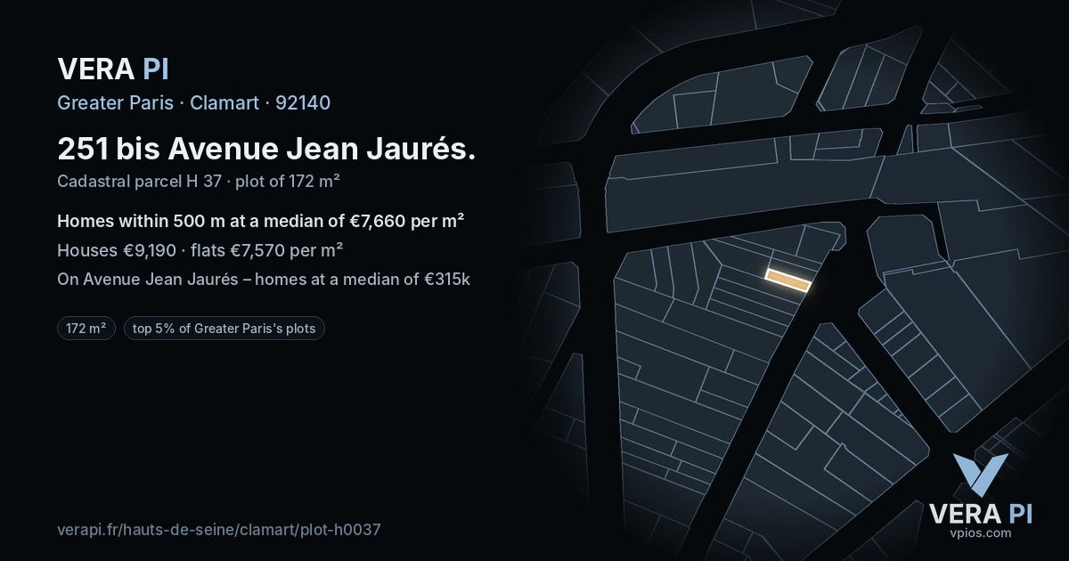 251 bis Avenue Jean Jaurés, Clamart at night – the plot lit, the parcels around coloured by the prices near them