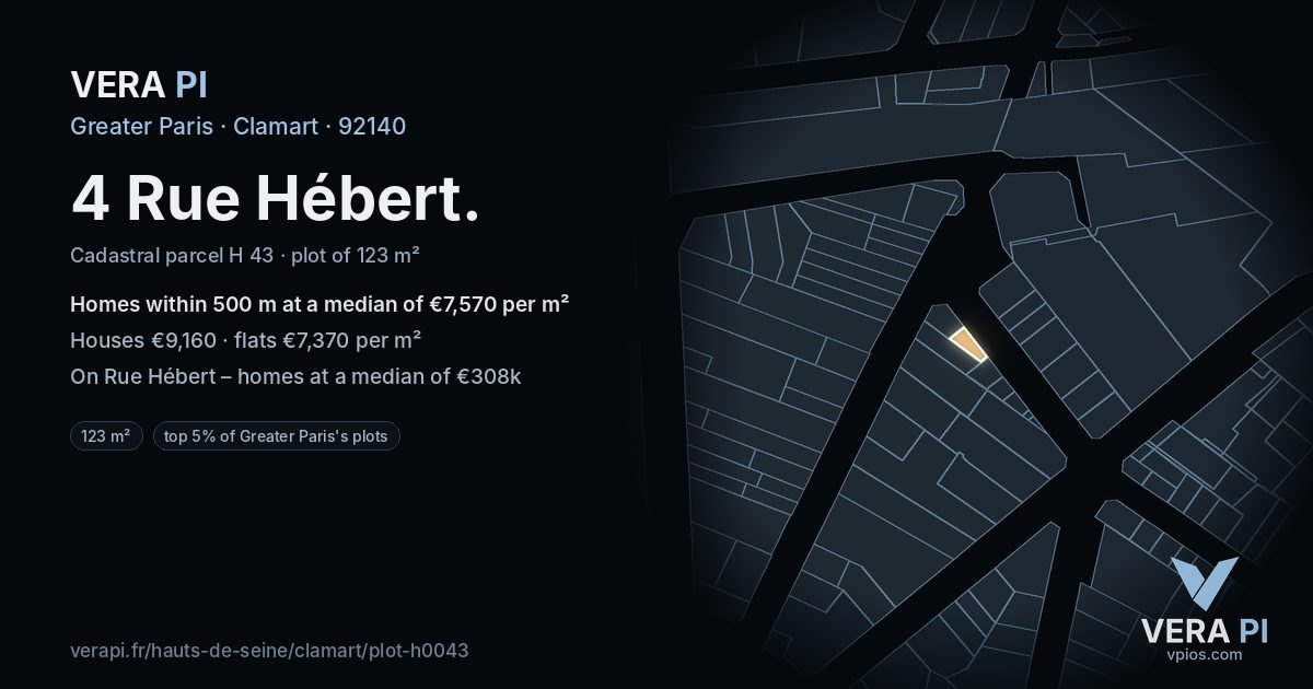 4 Rue Hébert, Clamart at night – the plot lit, the parcels around coloured by the prices near them