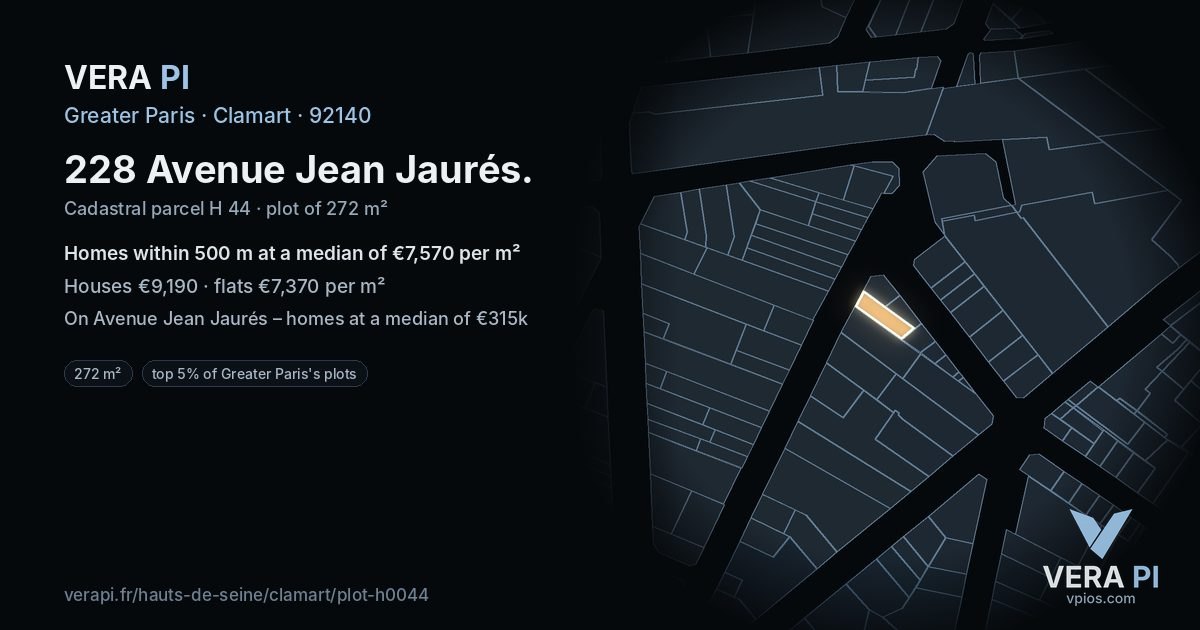 228 Avenue Jean Jaurés, Clamart at night – the plot lit, the parcels around coloured by the prices near them