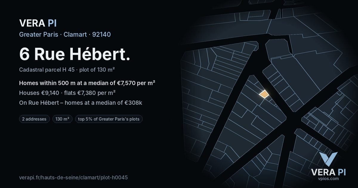 6 Rue Hébert, Clamart at night – the plot lit, the parcels around coloured by the prices near them