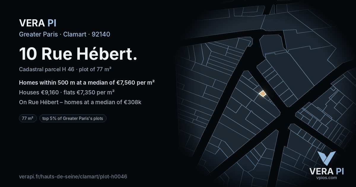10 Rue Hébert, Clamart at night – the plot lit, the parcels around coloured by the prices near them