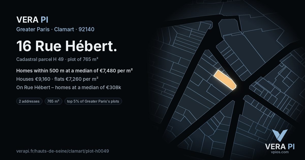 16 Rue Hébert, Clamart at night – the plot lit, the parcels around coloured by the prices near them