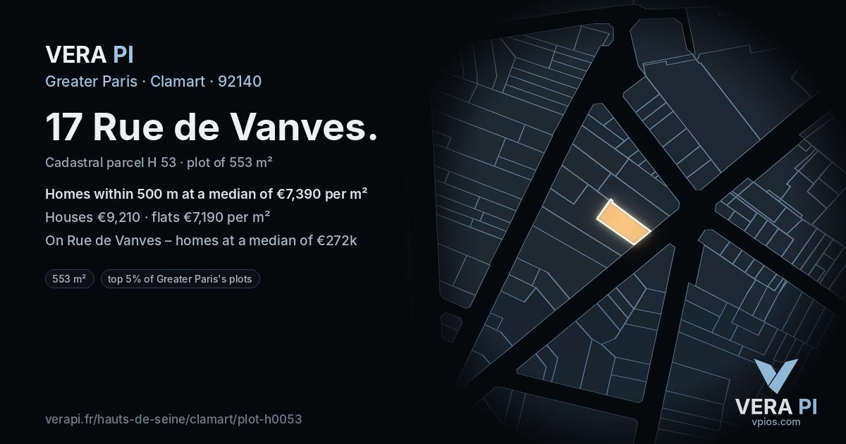 17 Rue de Vanves, Clamart at night – the plot lit, the parcels around coloured by the prices near them