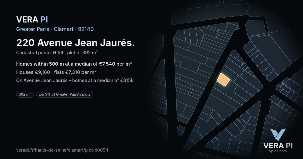 220 Avenue Jean Jaurés, Clamart at night – the plot lit, the parcels around coloured by the prices near them