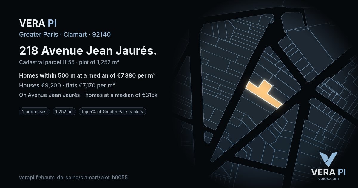 218 Avenue Jean Jaurés, Clamart at night – the plot lit, the parcels around coloured by the prices near them