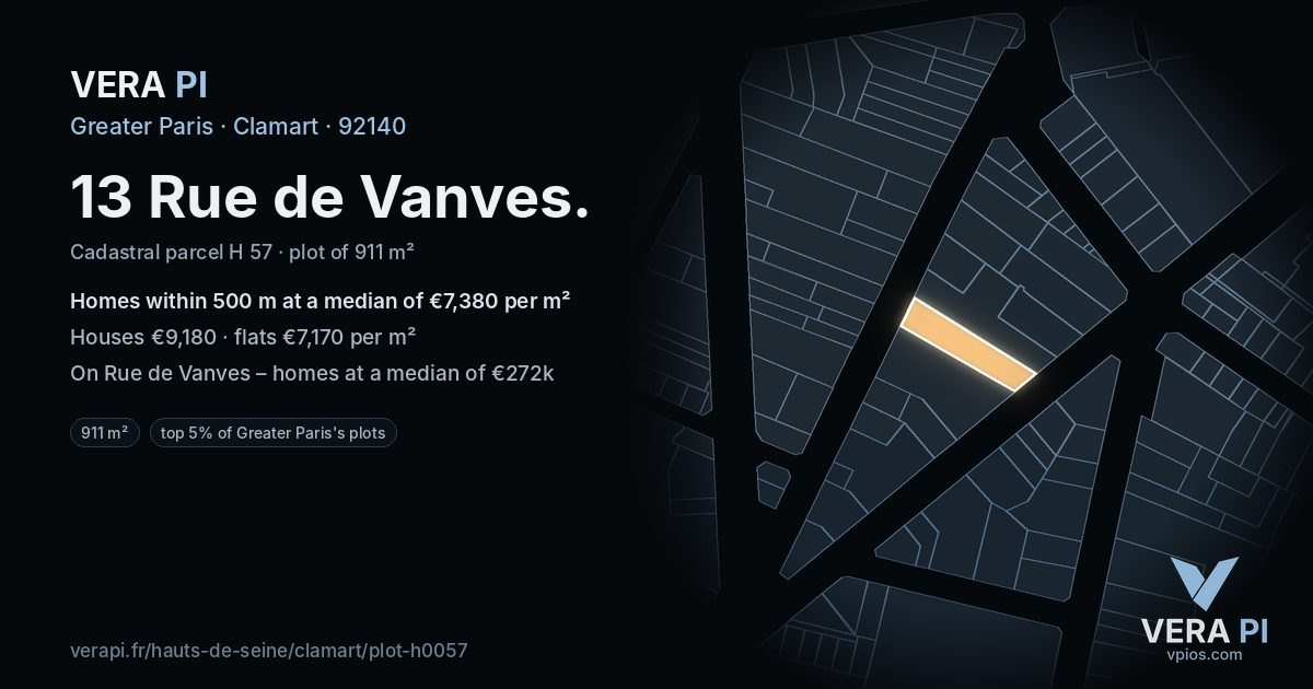 13 Rue de Vanves, Clamart at night – the plot lit, the parcels around coloured by the prices near them