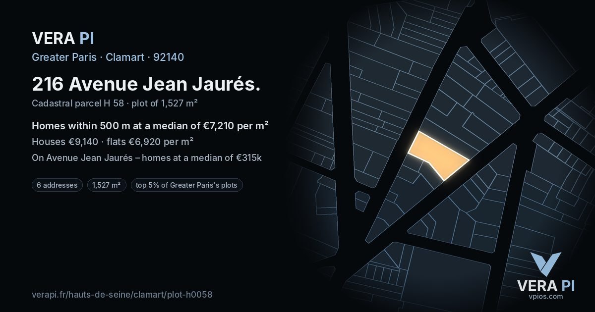 216 Avenue Jean Jaurés, Clamart at night – the plot lit, the parcels around coloured by the prices near them
