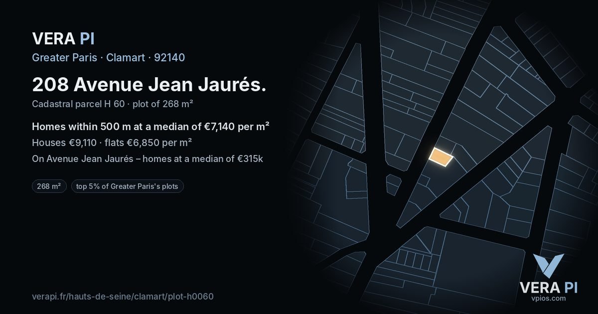 208 Avenue Jean Jaurés, Clamart at night – the plot lit, the parcels around coloured by the prices near them