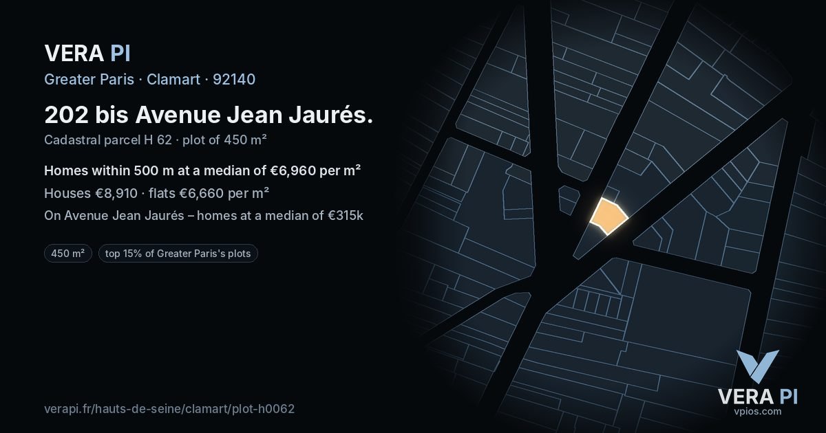 202 bis Avenue Jean Jaurés, Clamart at night – the plot lit, the parcels around coloured by the prices near them