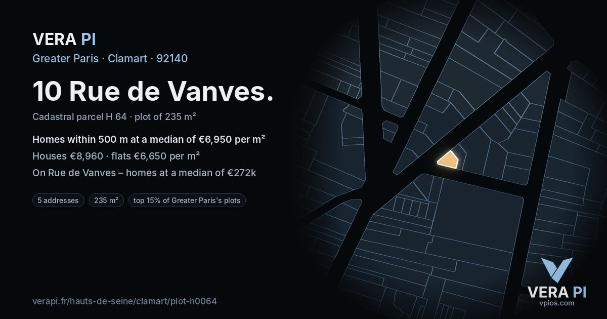 10 Rue de Vanves, Clamart at night – the plot lit, the parcels around coloured by the prices near them