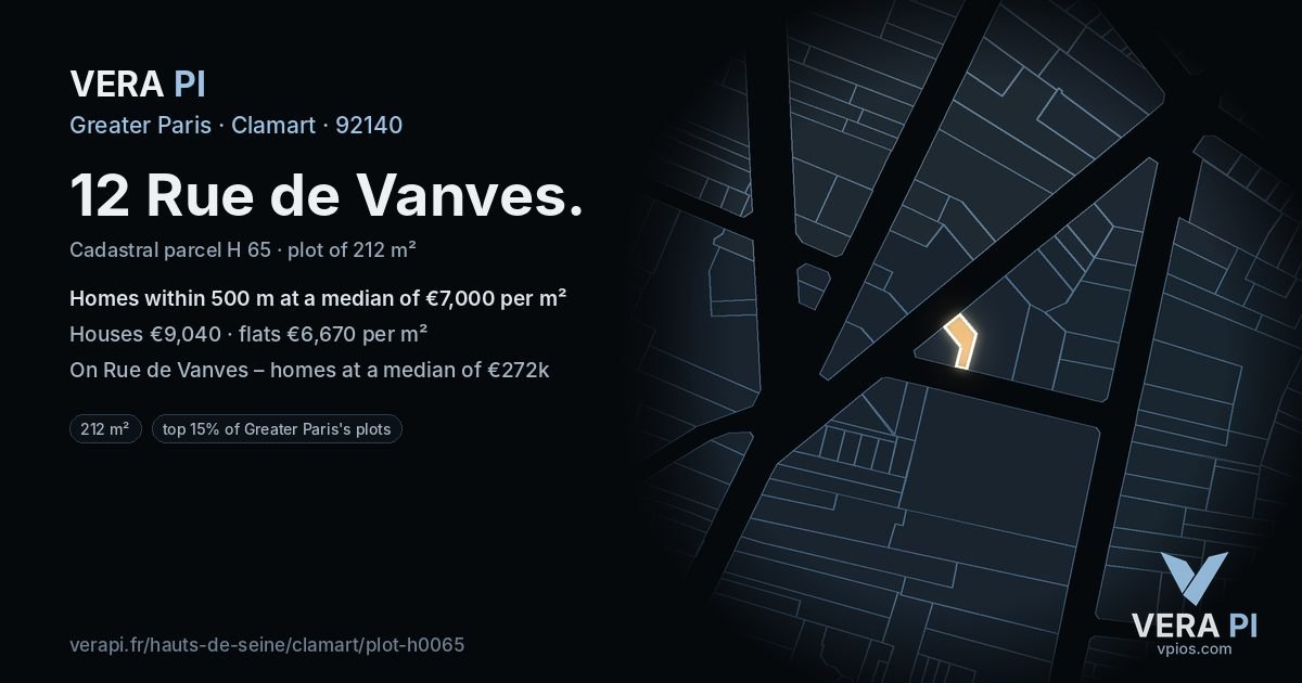 12 Rue de Vanves, Clamart at night – the plot lit, the parcels around coloured by the prices near them