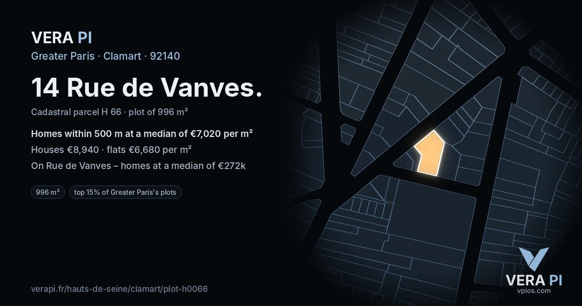 14 Rue de Vanves, Clamart at night – the plot lit, the parcels around coloured by the prices near them