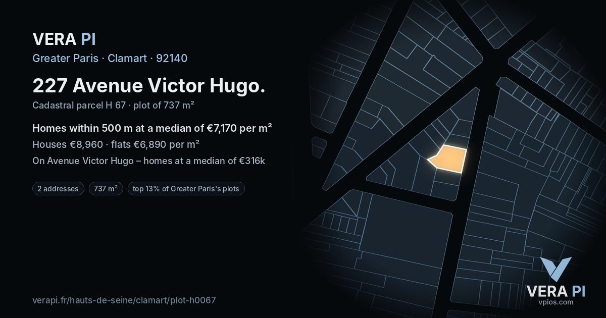 227 Avenue Victor Hugo, Clamart at night – the plot lit, the parcels around coloured by the prices near them