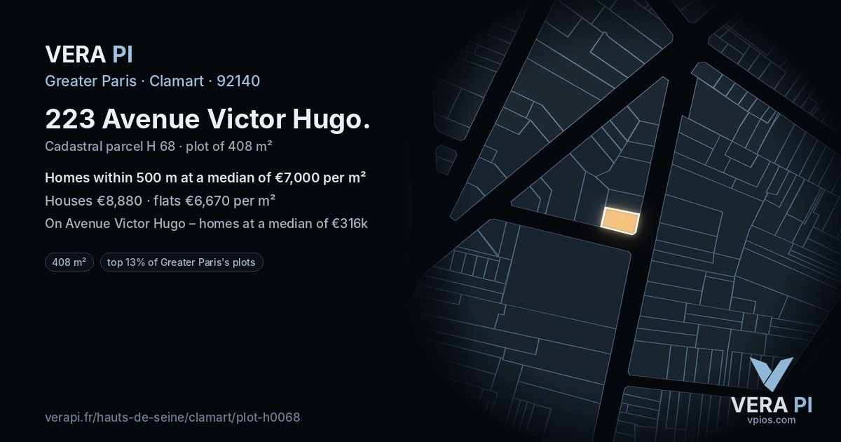 223 Avenue Victor Hugo, Clamart at night – the plot lit, the parcels around coloured by the prices near them