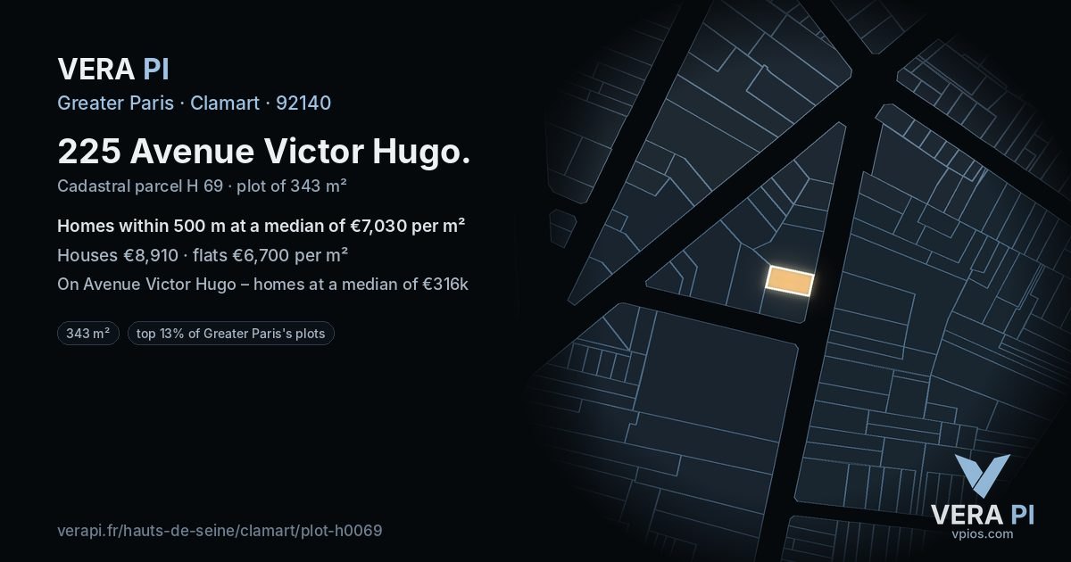 225 Avenue Victor Hugo, Clamart at night – the plot lit, the parcels around coloured by the prices near them