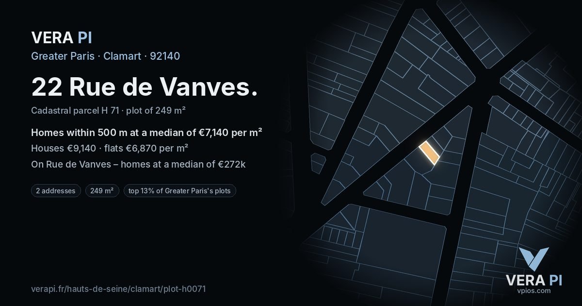 22 Rue de Vanves, Clamart at night – the plot lit, the parcels around coloured by the prices near them