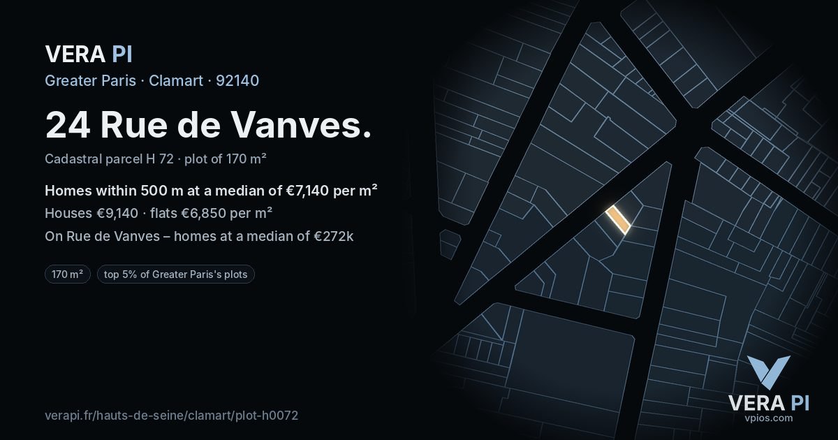 24 Rue de Vanves, Clamart at night – the plot lit, the parcels around coloured by the prices near them
