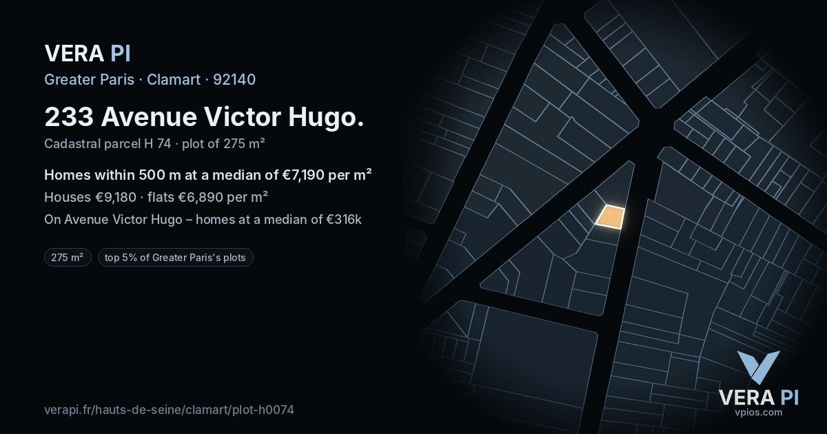 233 Avenue Victor Hugo, Clamart at night – the plot lit, the parcels around coloured by the prices near them