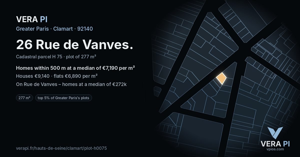 26 Rue de Vanves, Clamart at night – the plot lit, the parcels around coloured by the prices near them