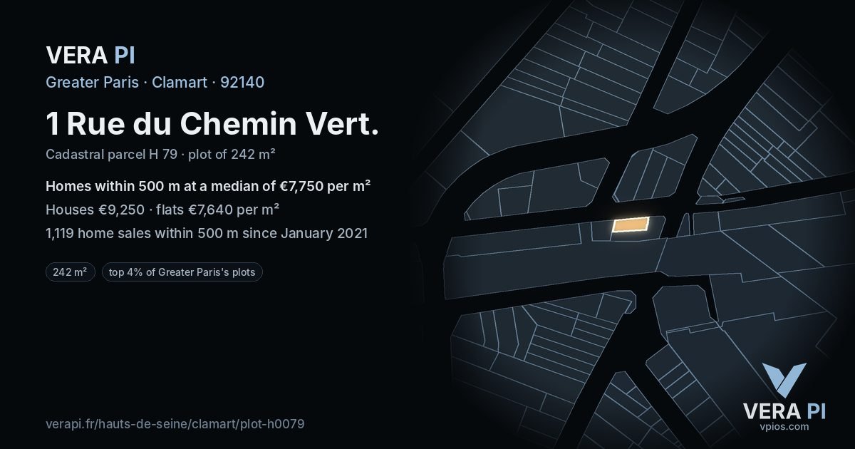 1 Rue du Chemin Vert, Clamart at night – the plot lit, the parcels around coloured by the prices near them