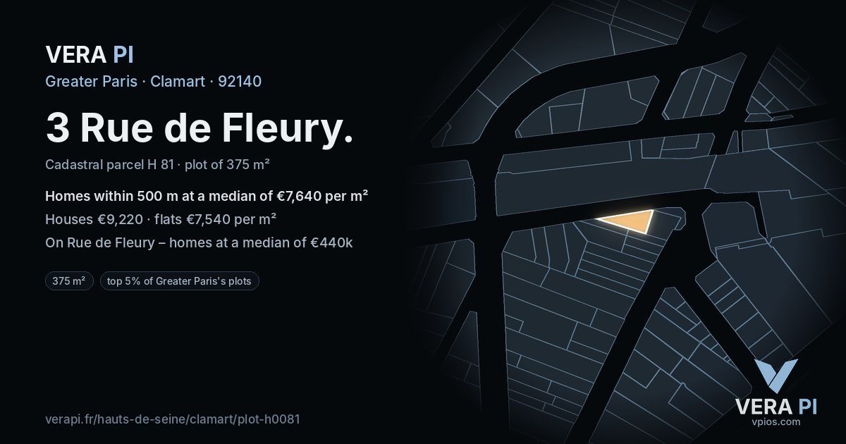 3 Rue de Fleury, Clamart at night – the plot lit, the parcels around coloured by the prices near them