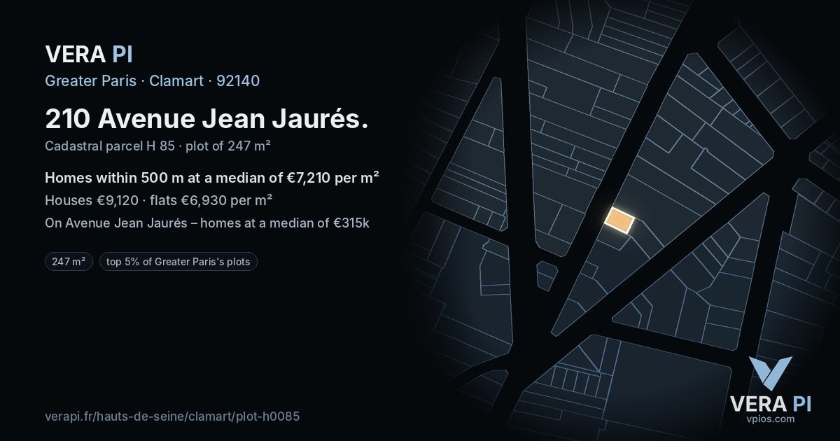 210 Avenue Jean Jaurés, Clamart at night – the plot lit, the parcels around coloured by the prices near them