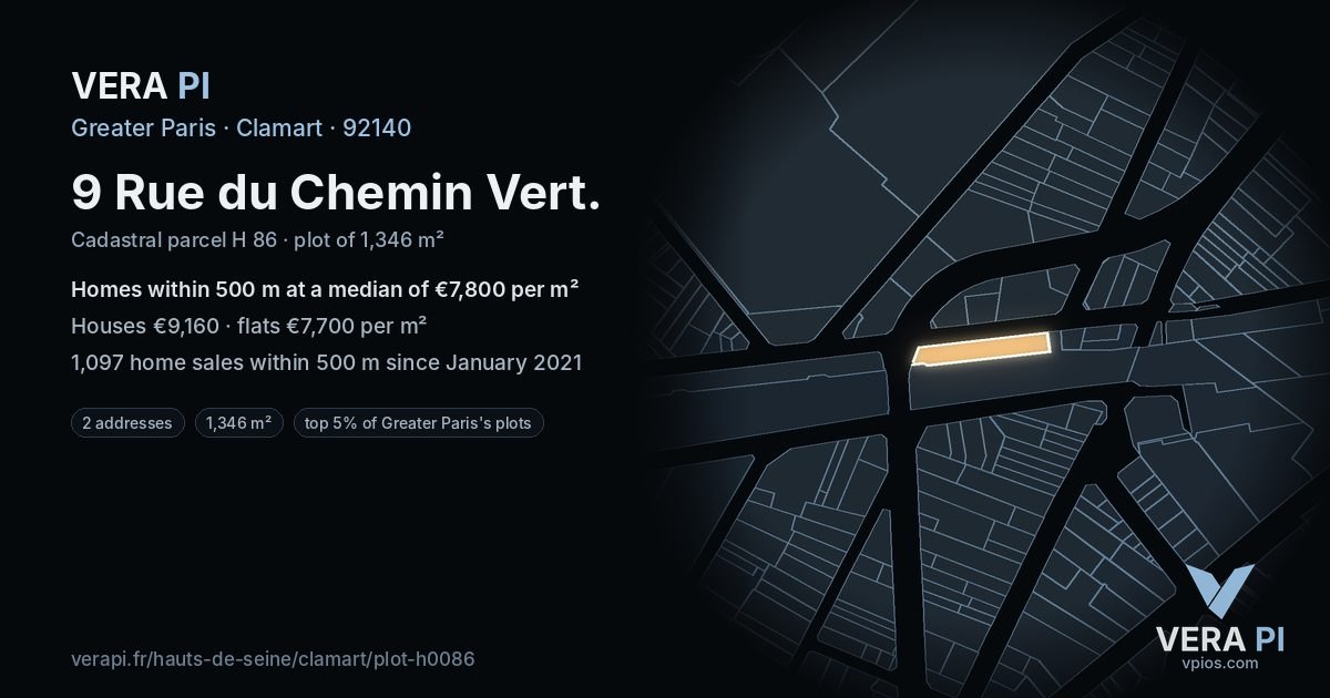 9 Rue du Chemin Vert, Clamart at night – the plot lit, the parcels around coloured by the prices near them