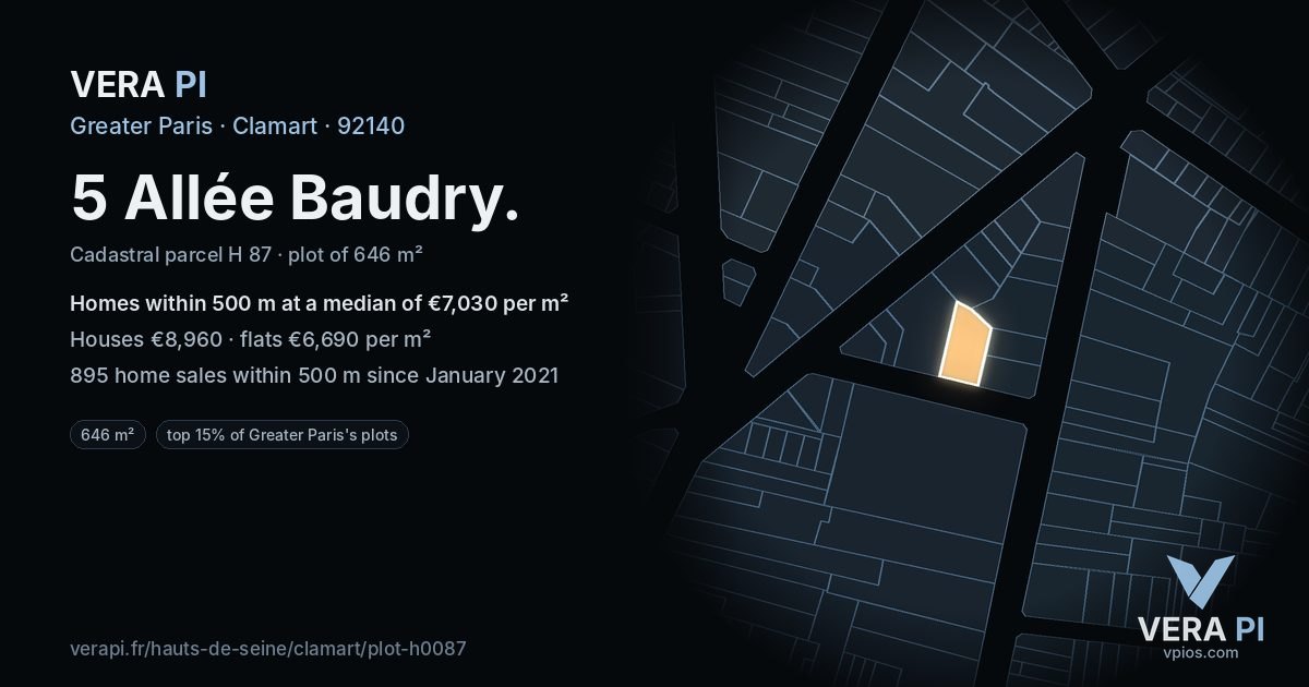 5 Allée Baudry, Clamart at night – the plot lit, the parcels around coloured by the prices near them
