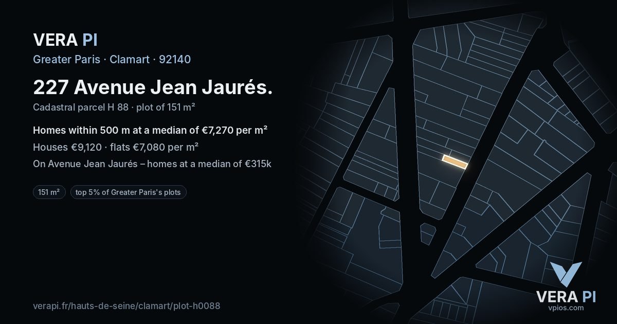 227 Avenue Jean Jaurés, Clamart at night – the plot lit, the parcels around coloured by the prices near them
