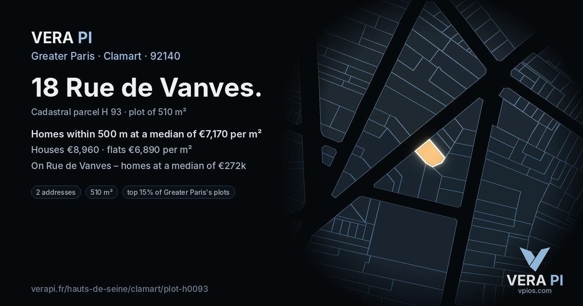 18 Rue de Vanves, Clamart at night – the plot lit, the parcels around coloured by the prices near them