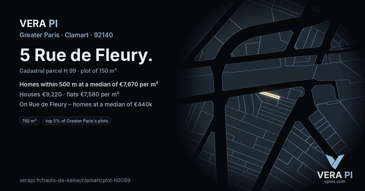 5 Rue de Fleury, Clamart at night – the plot lit, the parcels around coloured by the prices near them