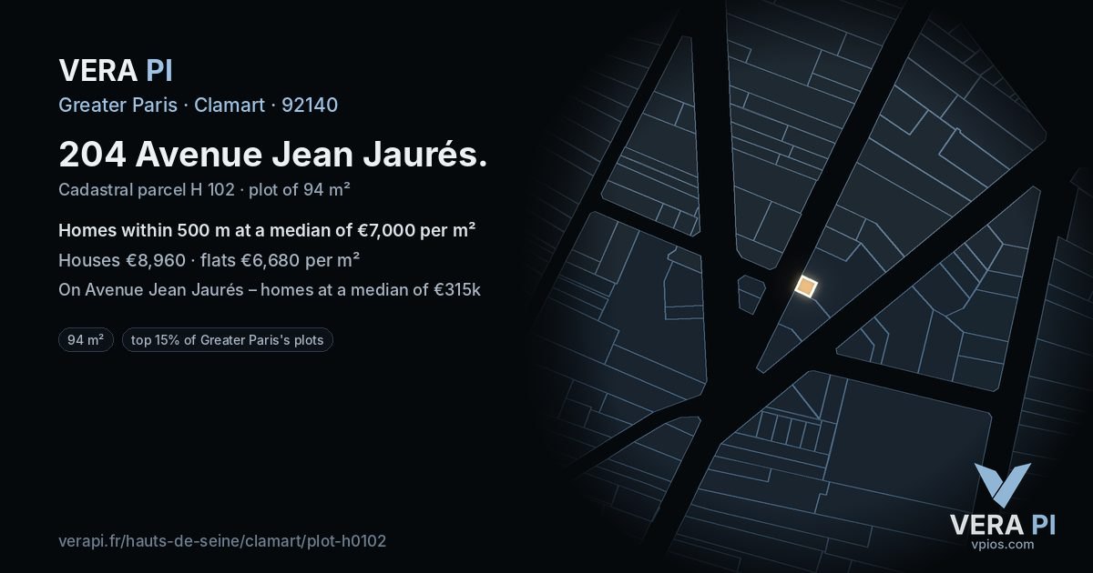204 Avenue Jean Jaurés, Clamart at night – the plot lit, the parcels around coloured by the prices near them