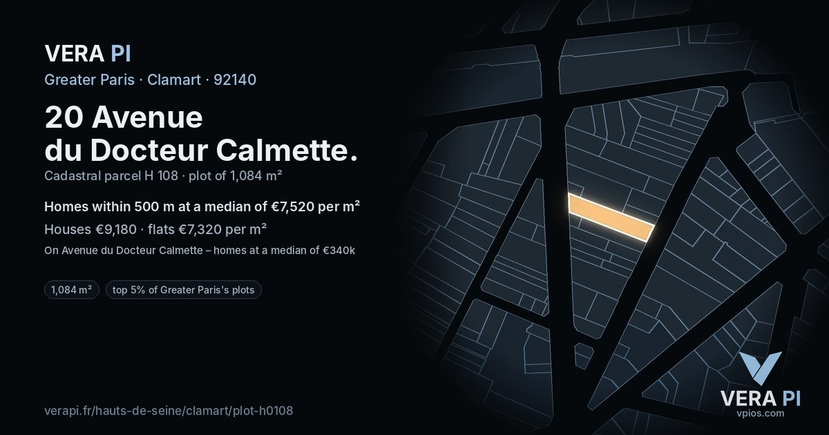 20 Avenue du Docteur Calmette, Clamart at night – the plot lit, the parcels around coloured by the prices near them