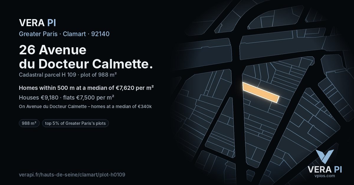 26 Avenue du Docteur Calmette, Clamart at night – the plot lit, the parcels around coloured by the prices near them