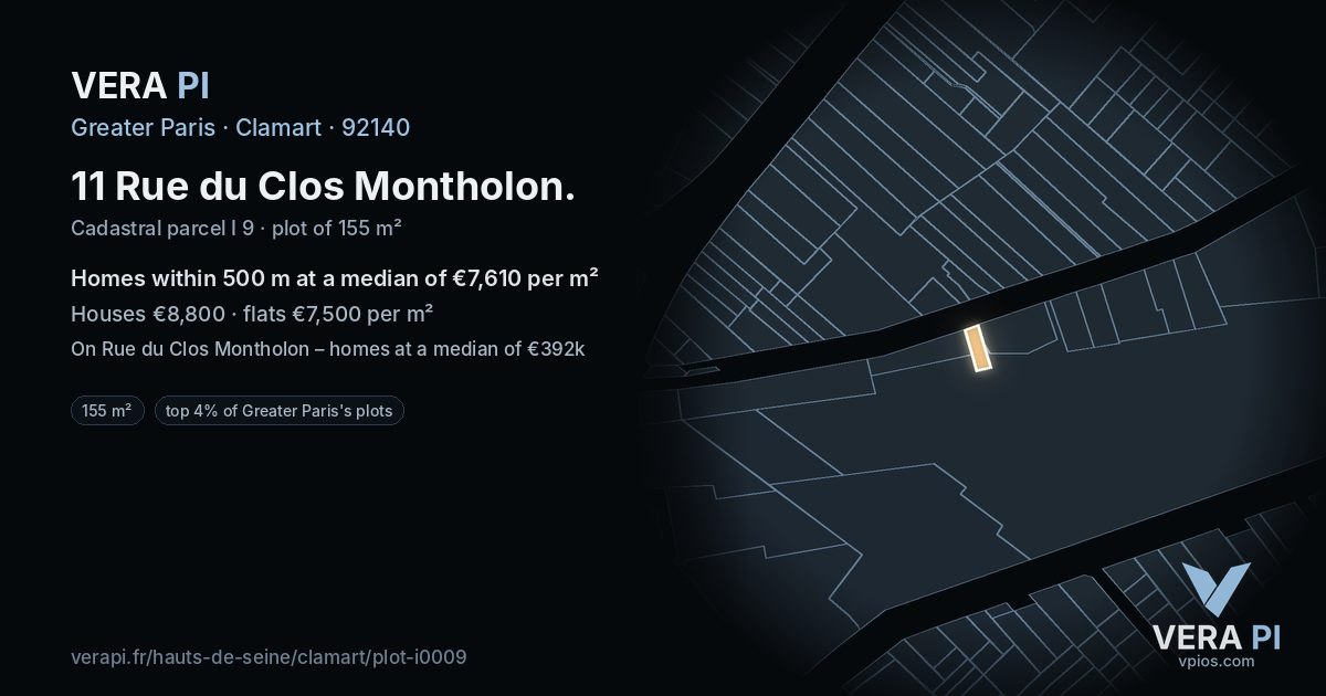 11 Rue du Clos Montholon, Clamart at night – the plot lit, the parcels around coloured by the prices near them