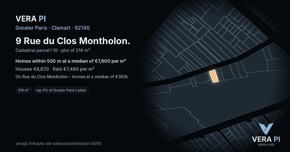 9 Rue du Clos Montholon, Clamart at night – the plot lit, the parcels around coloured by the prices near them