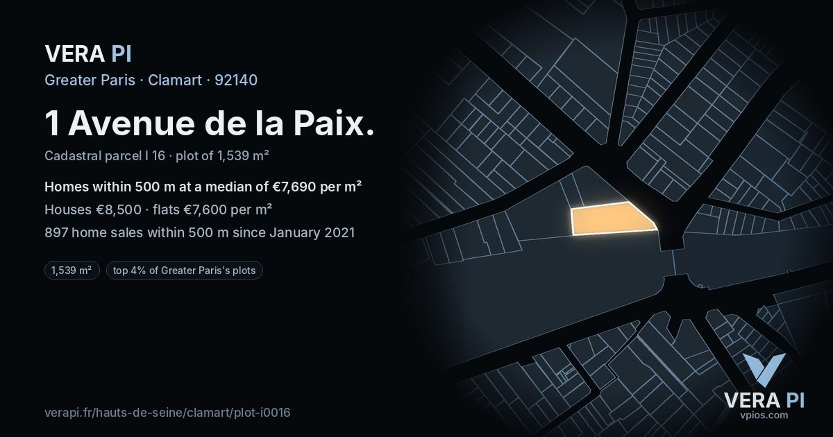 1 Avenue de la Paix, Clamart at night – the plot lit, the parcels around coloured by the prices near them