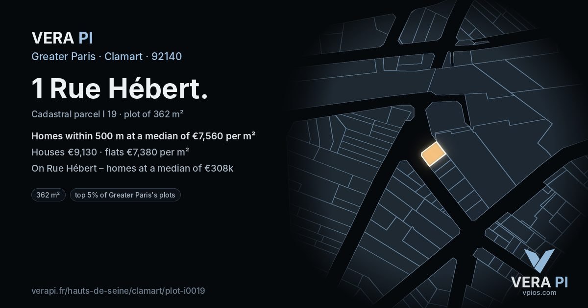 1 Rue Hébert, Clamart at night – the plot lit, the parcels around coloured by the prices near them