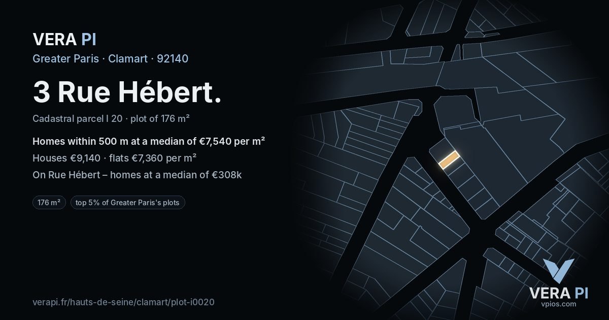 3 Rue Hébert, Clamart at night – the plot lit, the parcels around coloured by the prices near them