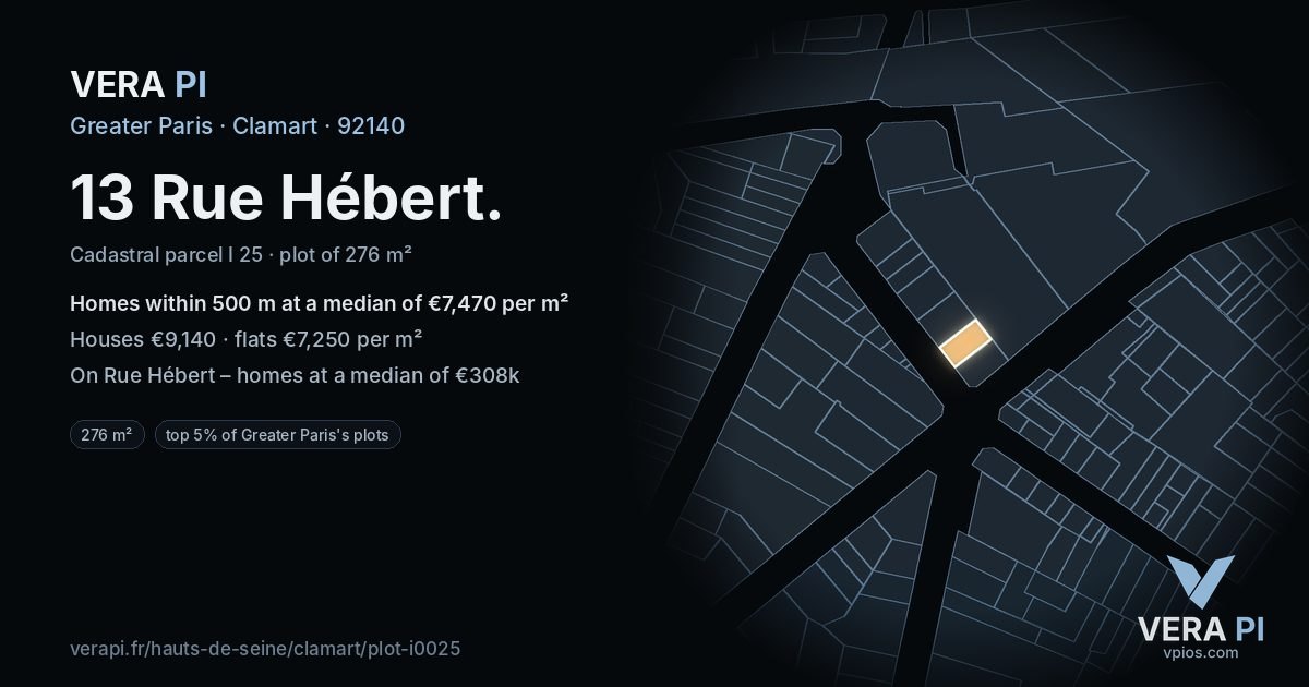 13 Rue Hébert, Clamart at night – the plot lit, the parcels around coloured by the prices near them
