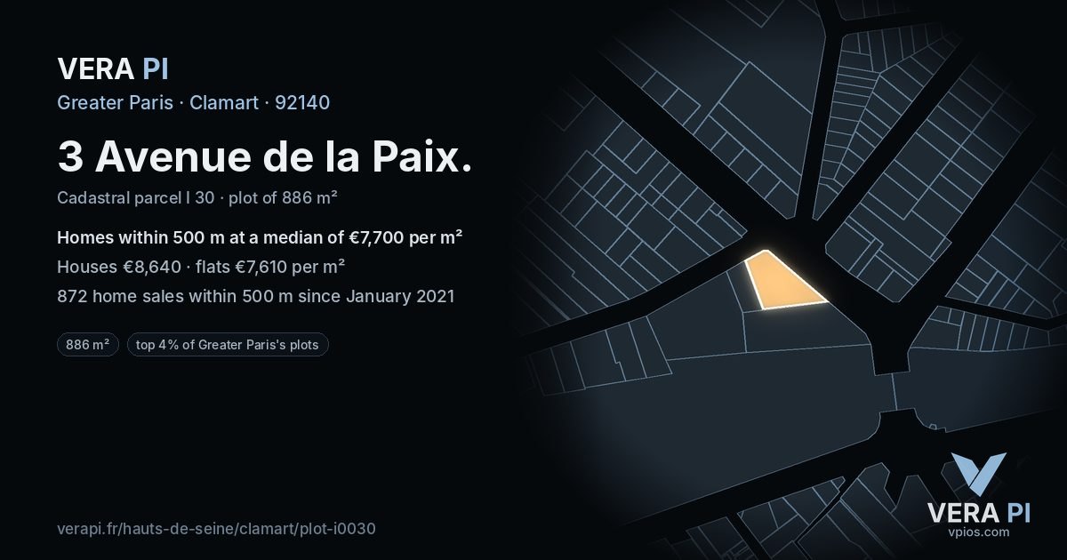 3 Avenue de la Paix, Clamart at night – the plot lit, the parcels around coloured by the prices near them