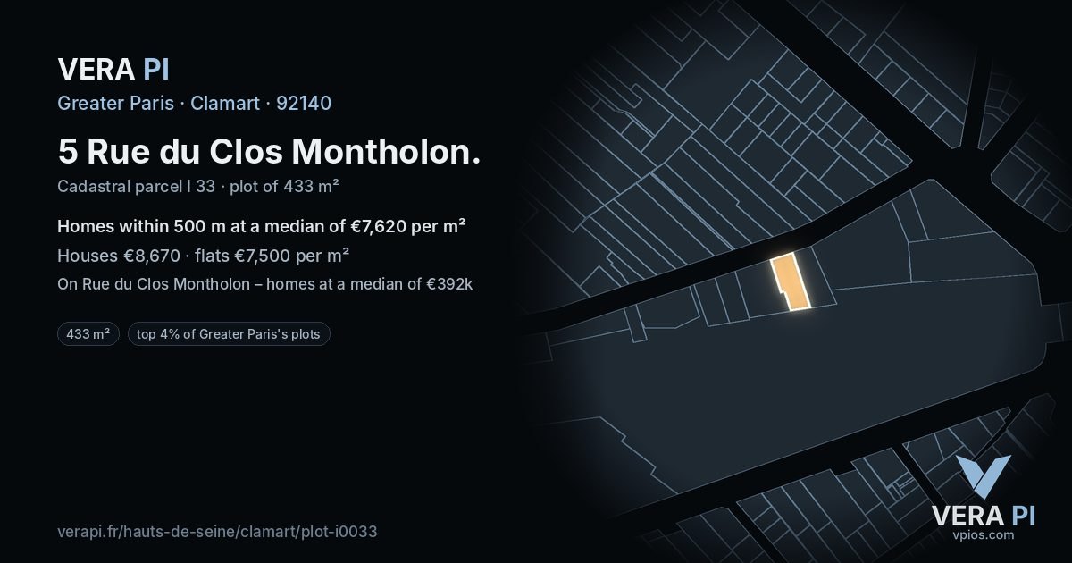 5 Rue du Clos Montholon, Clamart at night – the plot lit, the parcels around coloured by the prices near them