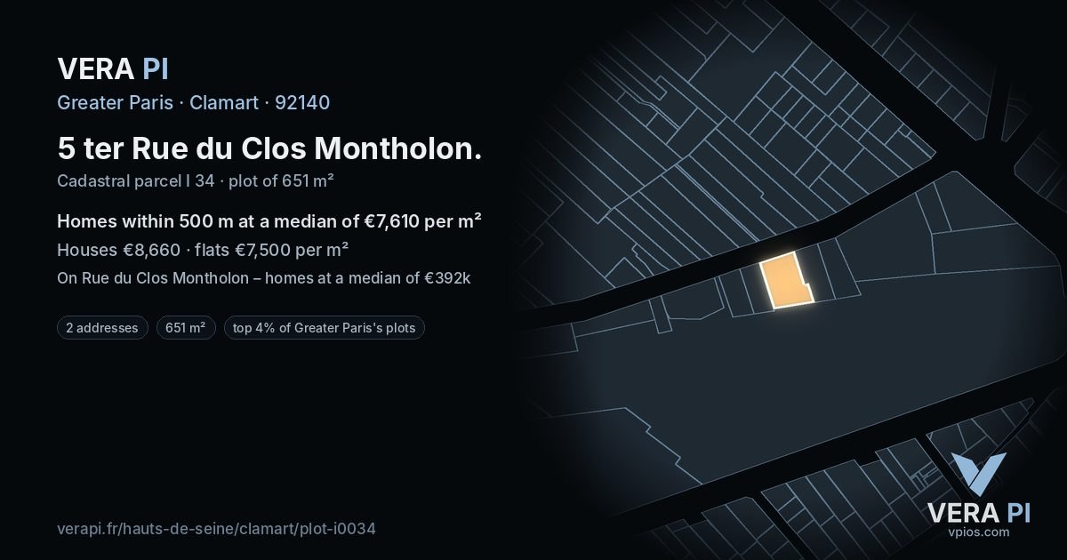 5 ter Rue du Clos Montholon, Clamart at night – the plot lit, the parcels around coloured by the prices near them