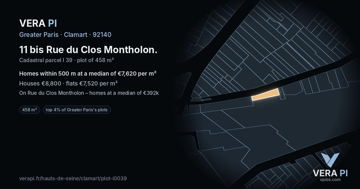 11 bis Rue du Clos Montholon, Clamart at night – the plot lit, the parcels around coloured by the prices near them