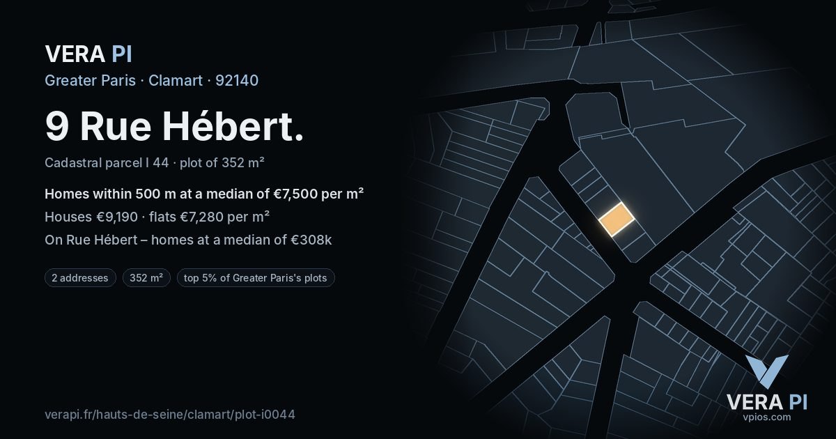 9 Rue Hébert, Clamart at night – the plot lit, the parcels around coloured by the prices near them